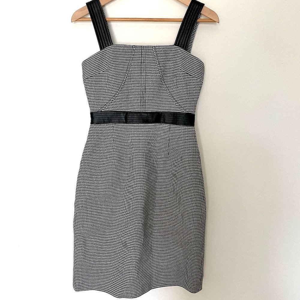 Toccin Houndstooth Black White Pattern Mini Dress with Leather Accent - Size 0